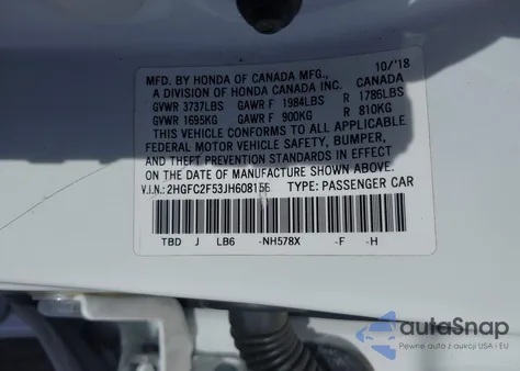 2018 Honda Civic Lx из США, поврежденный, VIN 2HGFC2F53JH608156